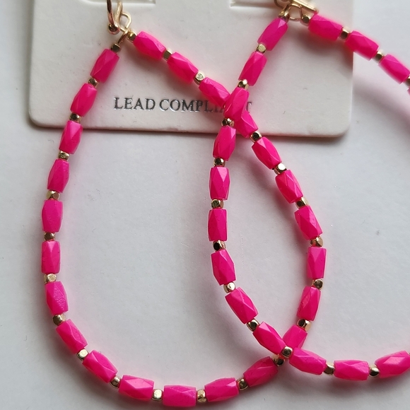 Vibrant Pink Beaded Teardrop Earrings - Picture 2 of 4